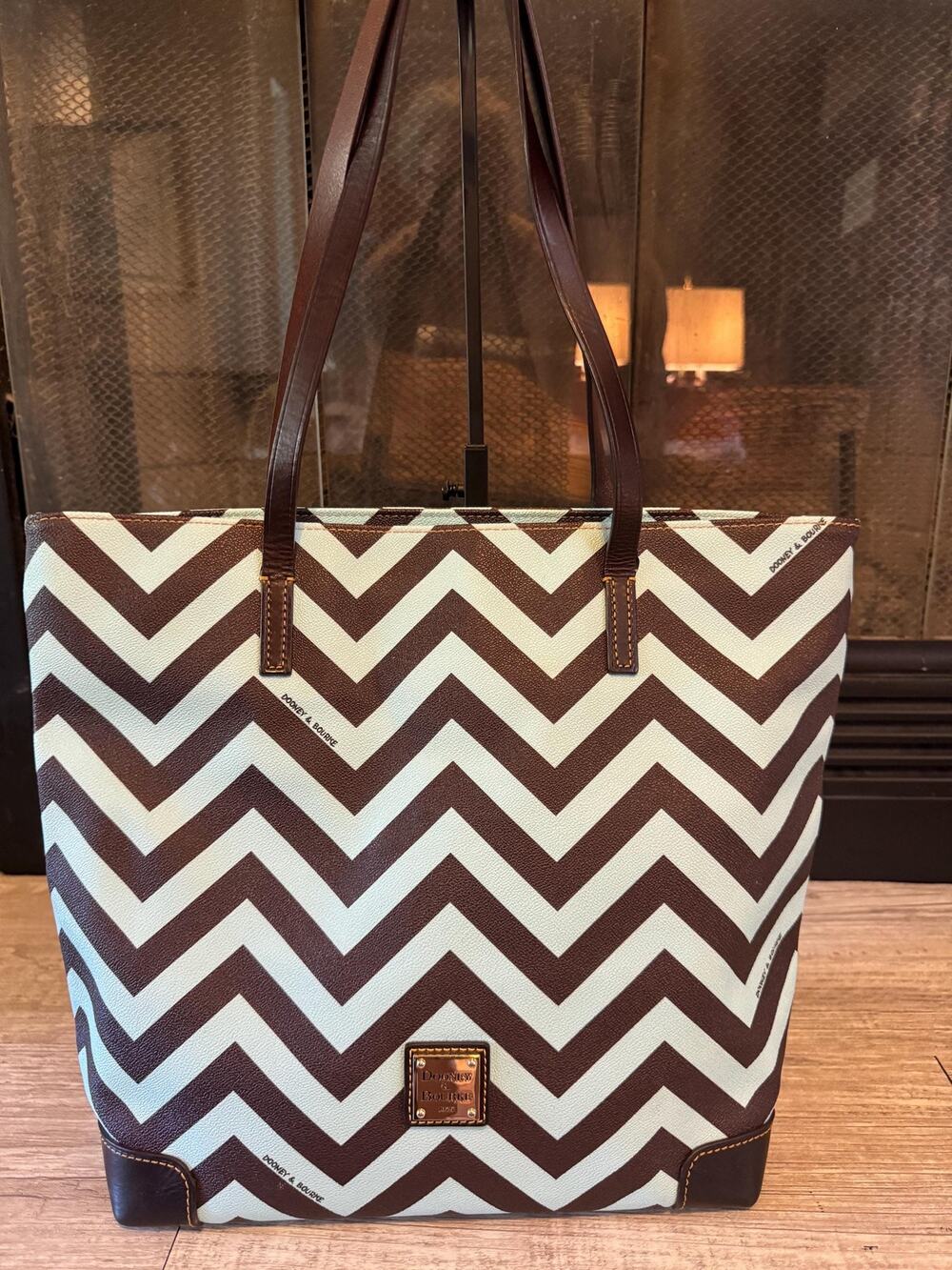 Dooney Bourke Tote: Robins Egg Blue, T’Moro Brown Chevron Pattern, Zip Top Purse